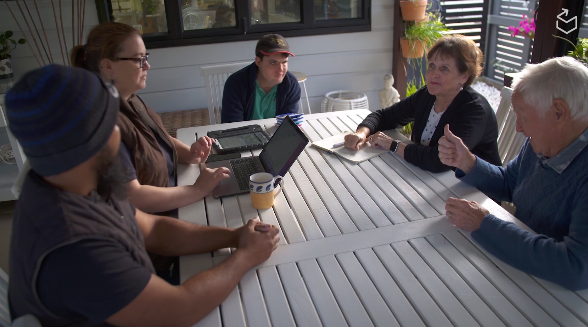 An older couple sitting around a table with a person with disabilities and support practitioners.
